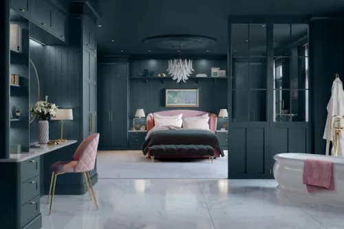 Striking deep blue colour-matched bedroom CGI with pink and gold accents.