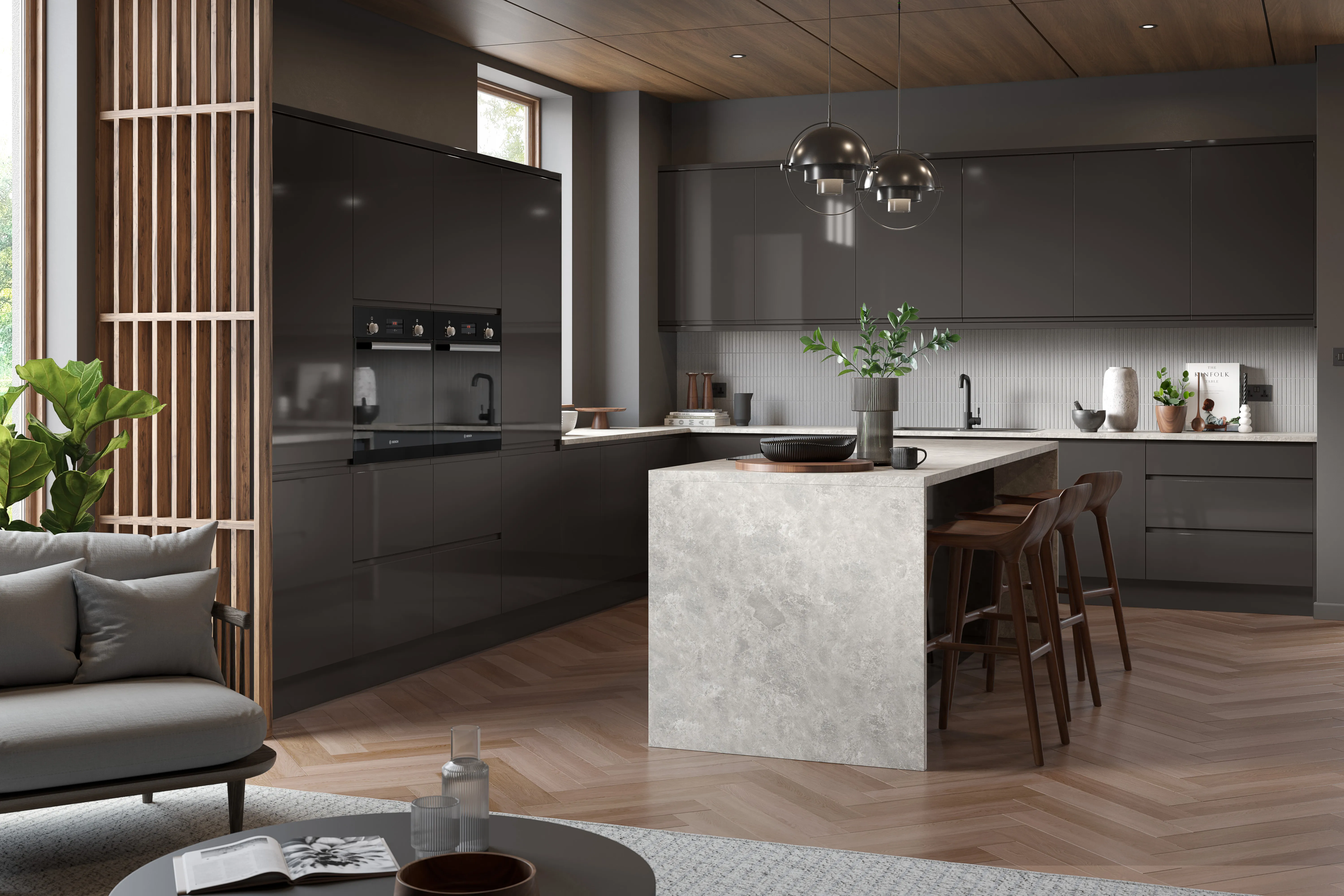 An atmospheric graphite grey, high-gloss, modern kitchen CGI render