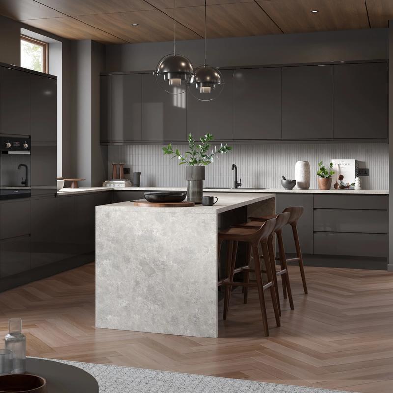 An atmospheric graphite grey, high-gloss, modern kitchen CGI render