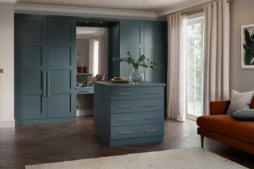 CGI image of a dressing room with wardrobes and a drawer unti