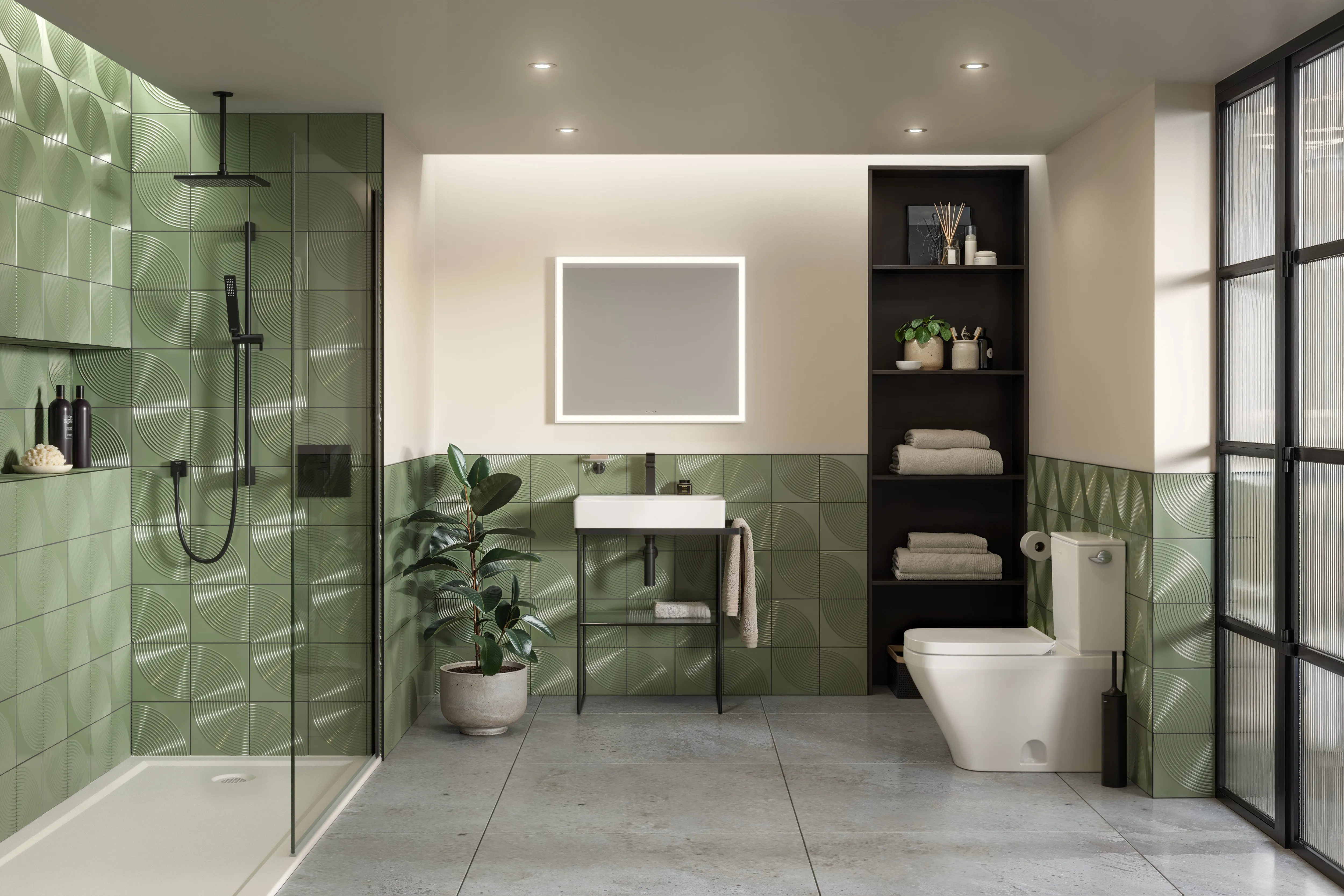 CGI render of a modern green tiled bathroom with black accessories and fittings