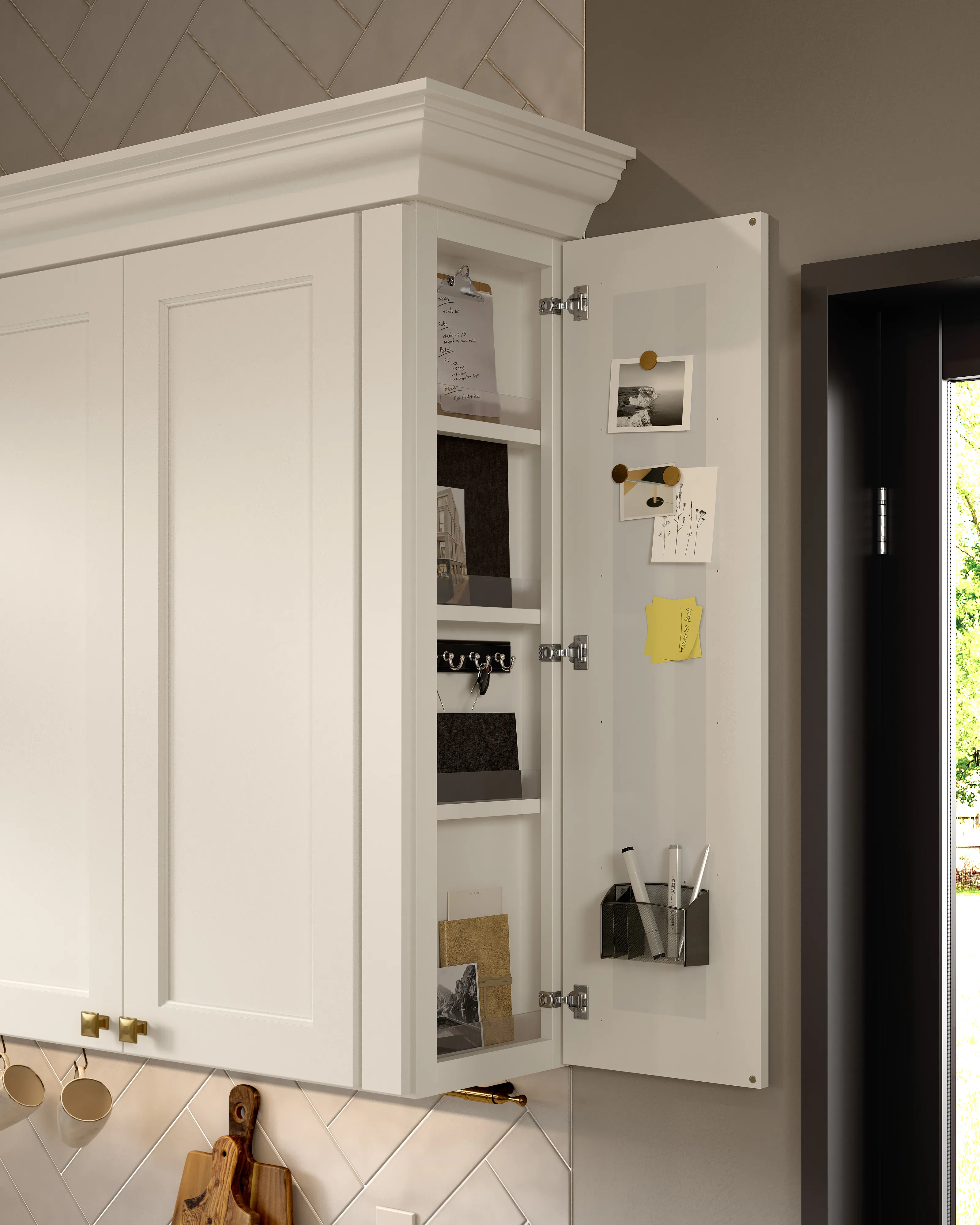 3D render of our clients kitchen cabinetry with integrated message centre