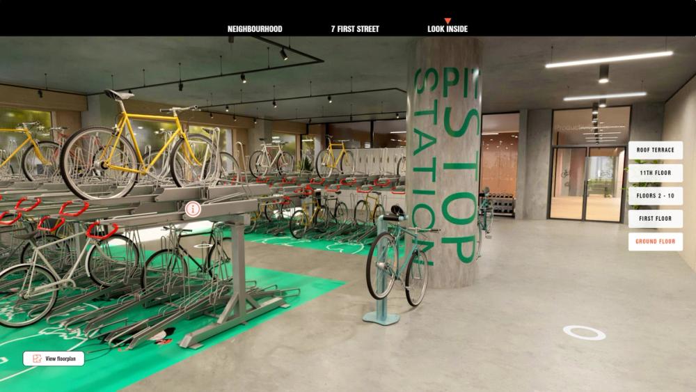 Interactive 360 property tour with photorealistic 3D renders of a cycle storage area
