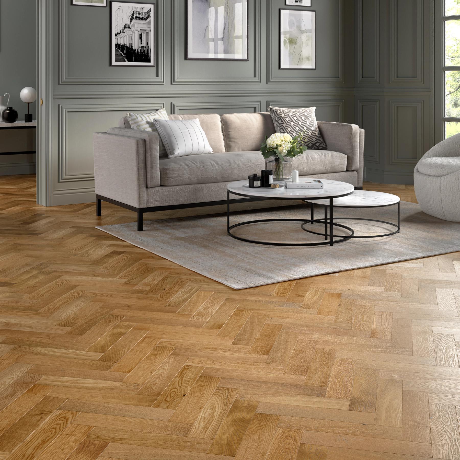 CGI render of chevron patterned oak wood flooring in a living room