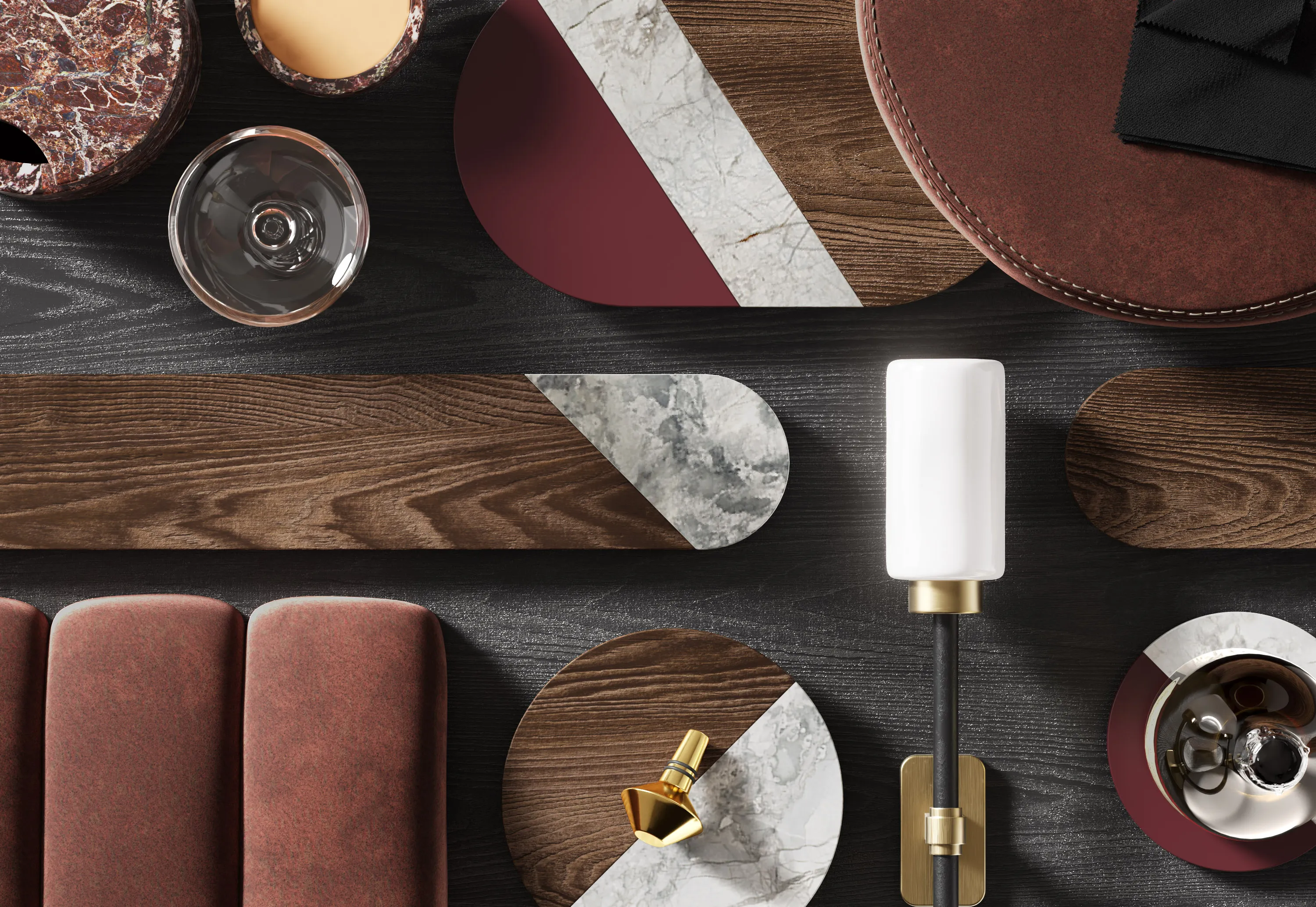 A CGI flatlay moodboard displaying rich walnut textures alongside deep reds and contrasting light stone effect laminates