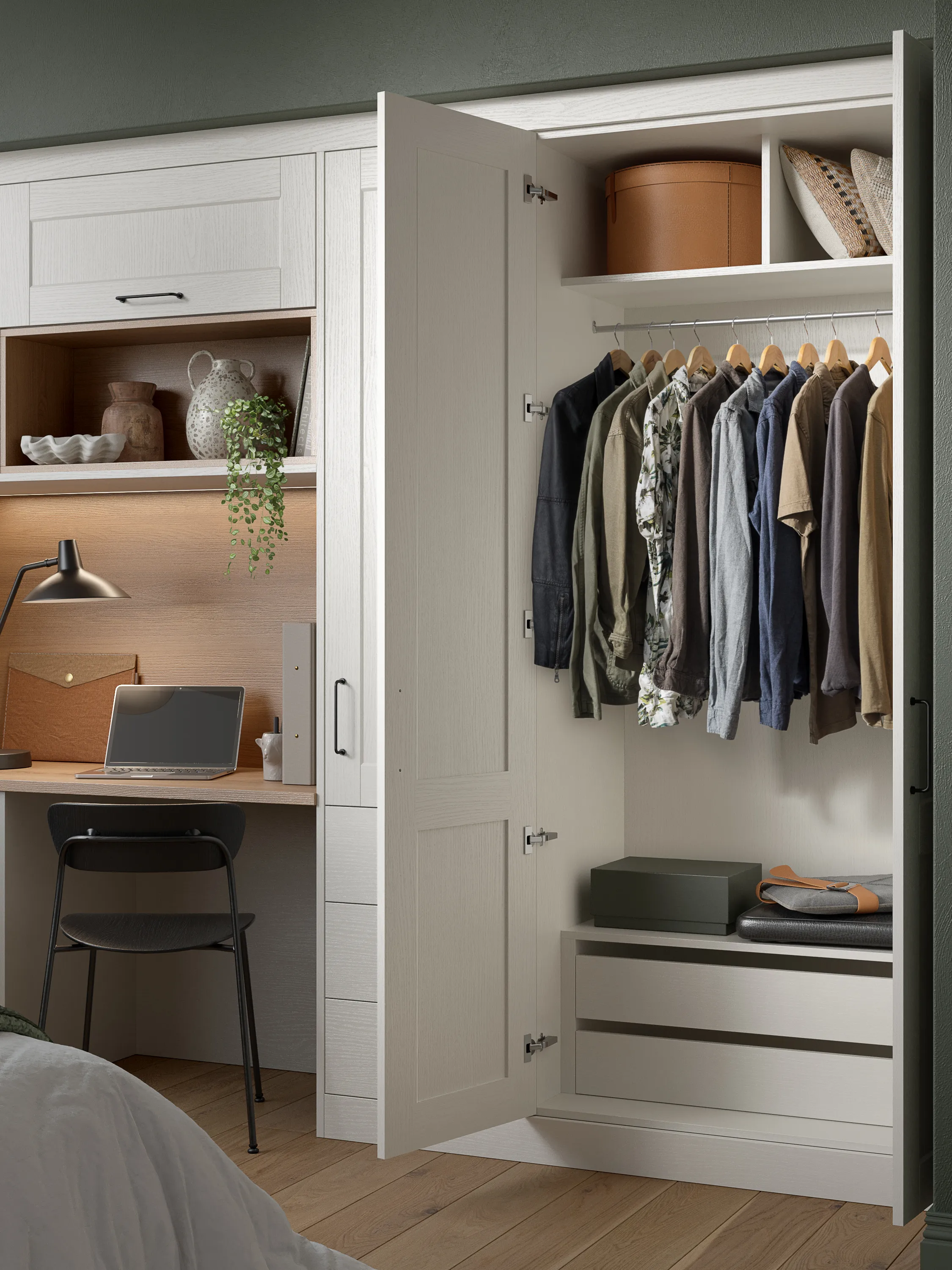 Porcelain Kensington open wardrobe internal CGI displaying storage details