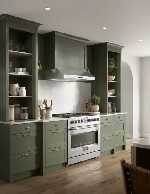 This Shaker kitchen CGI is full of classic charm, drawing the eye to the clients stainless steel appliances, whilst incorporating plenty of organic outdoor textures with the painted timber cabinetry.