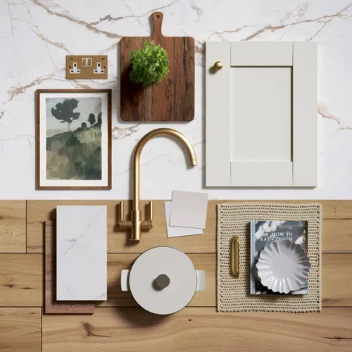 CGI flatlay displaying elements from a kitchen design using the Wilton 5 piece Shaker door