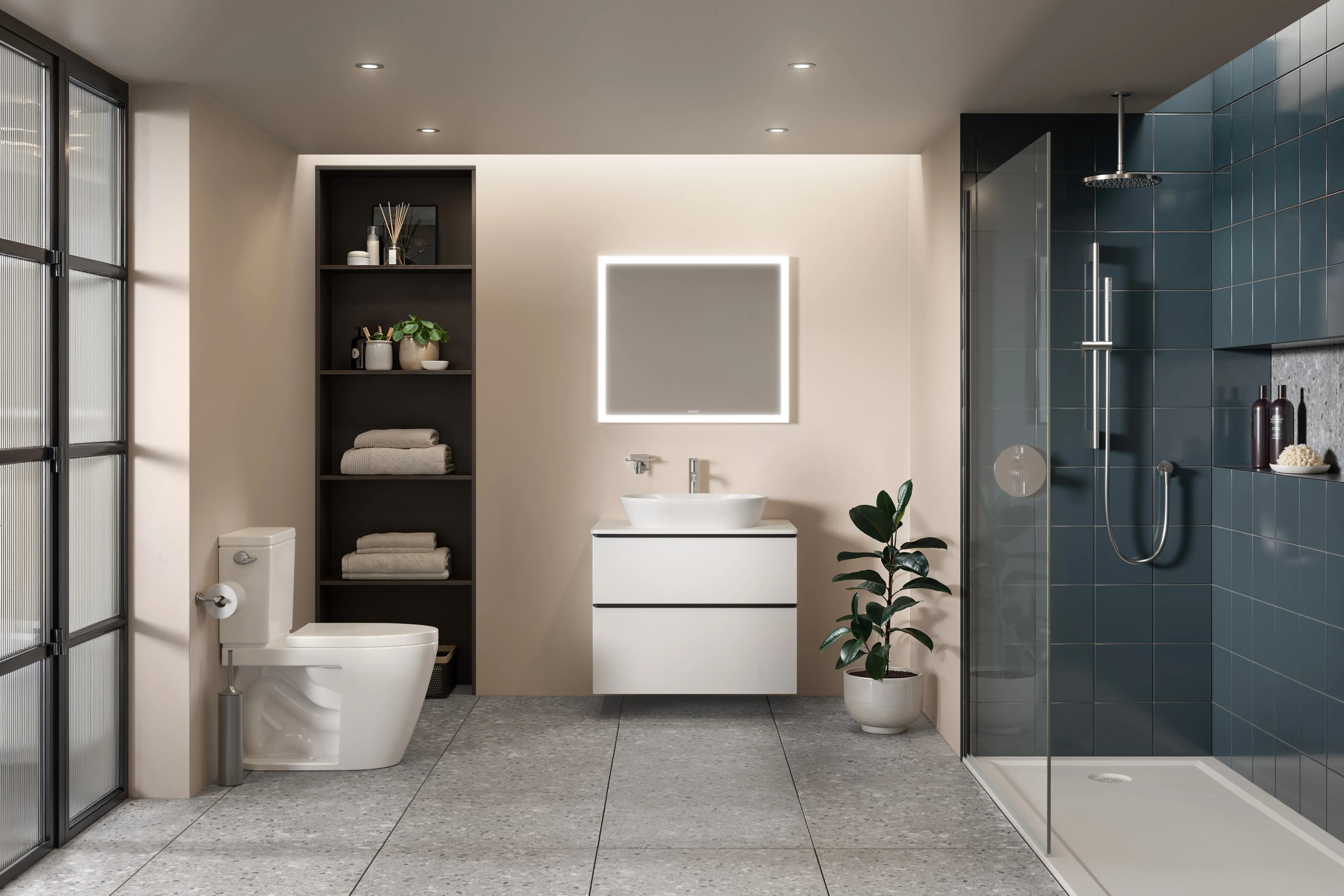 CGI of a modern bathroom featuring a walk-in shower with deep teal tiles, a floating vanity unit, an illuminated mirror, and built-in shelving with towels and decor.