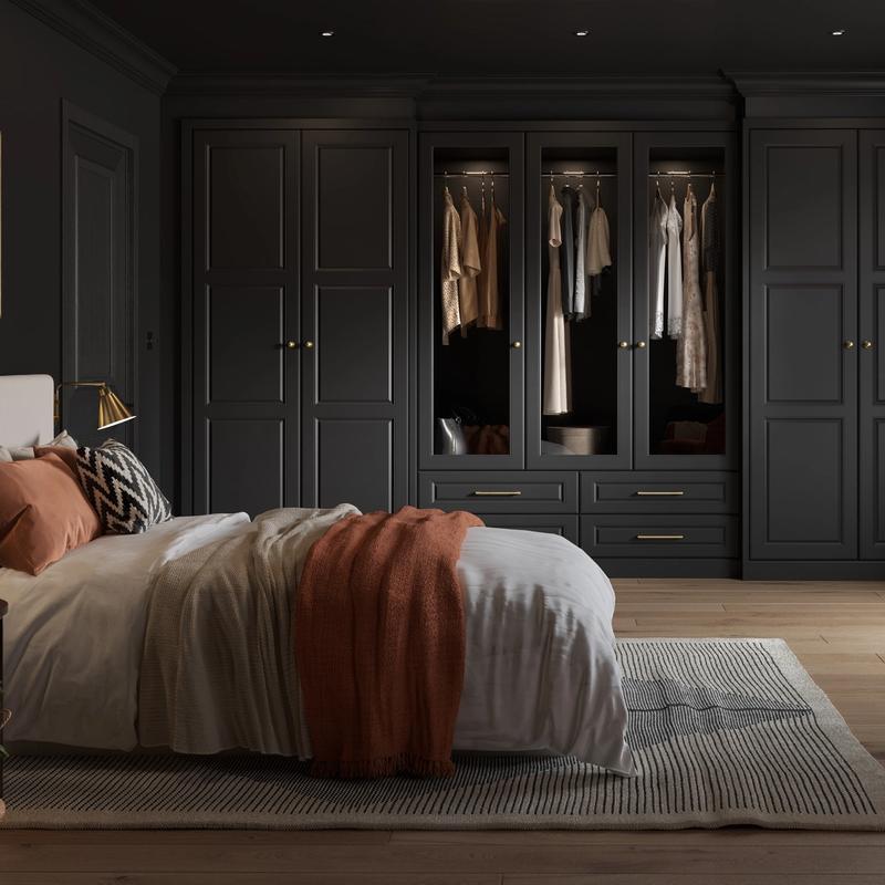 CGI image of a dark cosy bedroom with black walls, ceiling and wardrobes. 