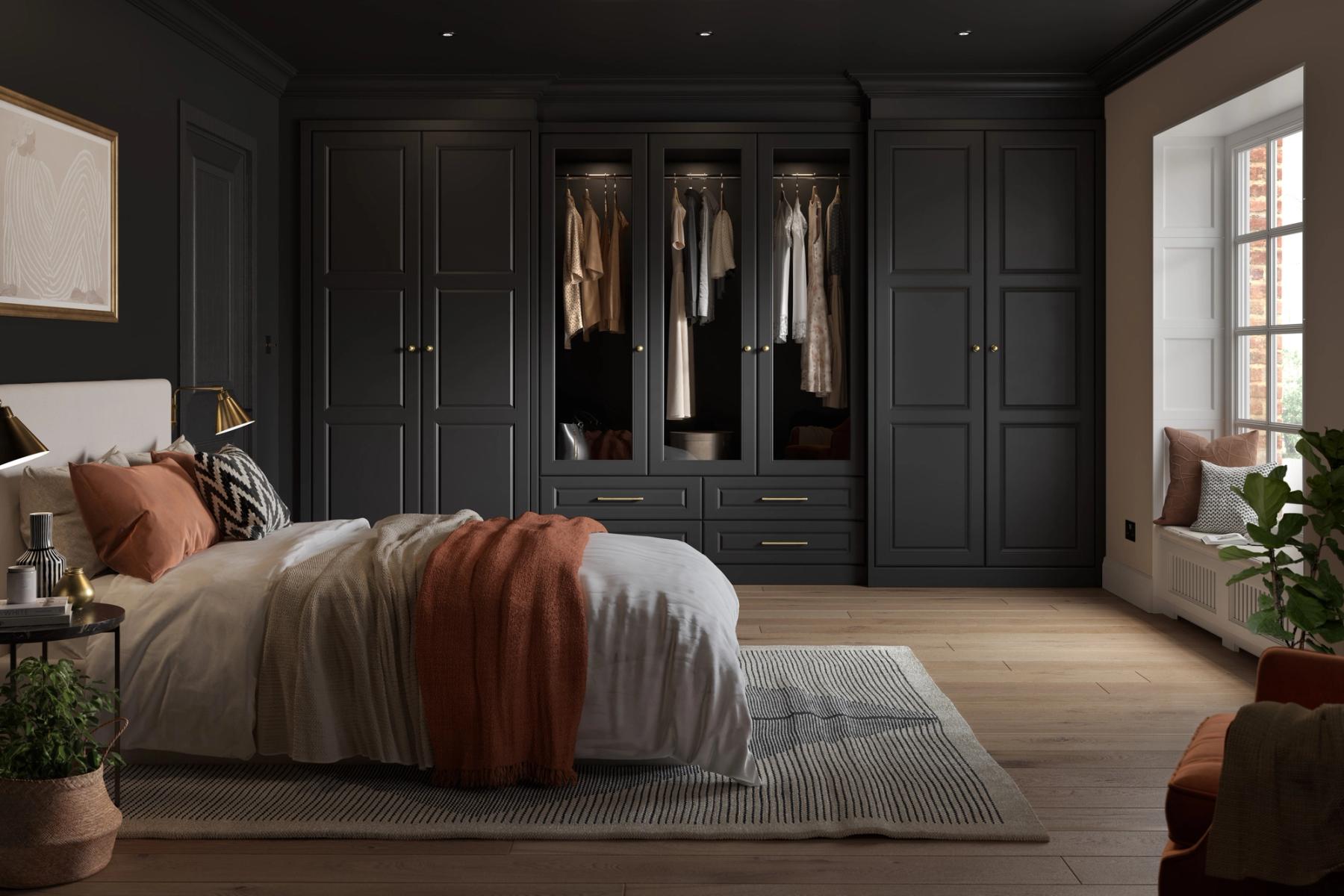 Dark cosy bedroom with black walls, ceiling and wardrobes. CGI image designed and rendered by Pikcells