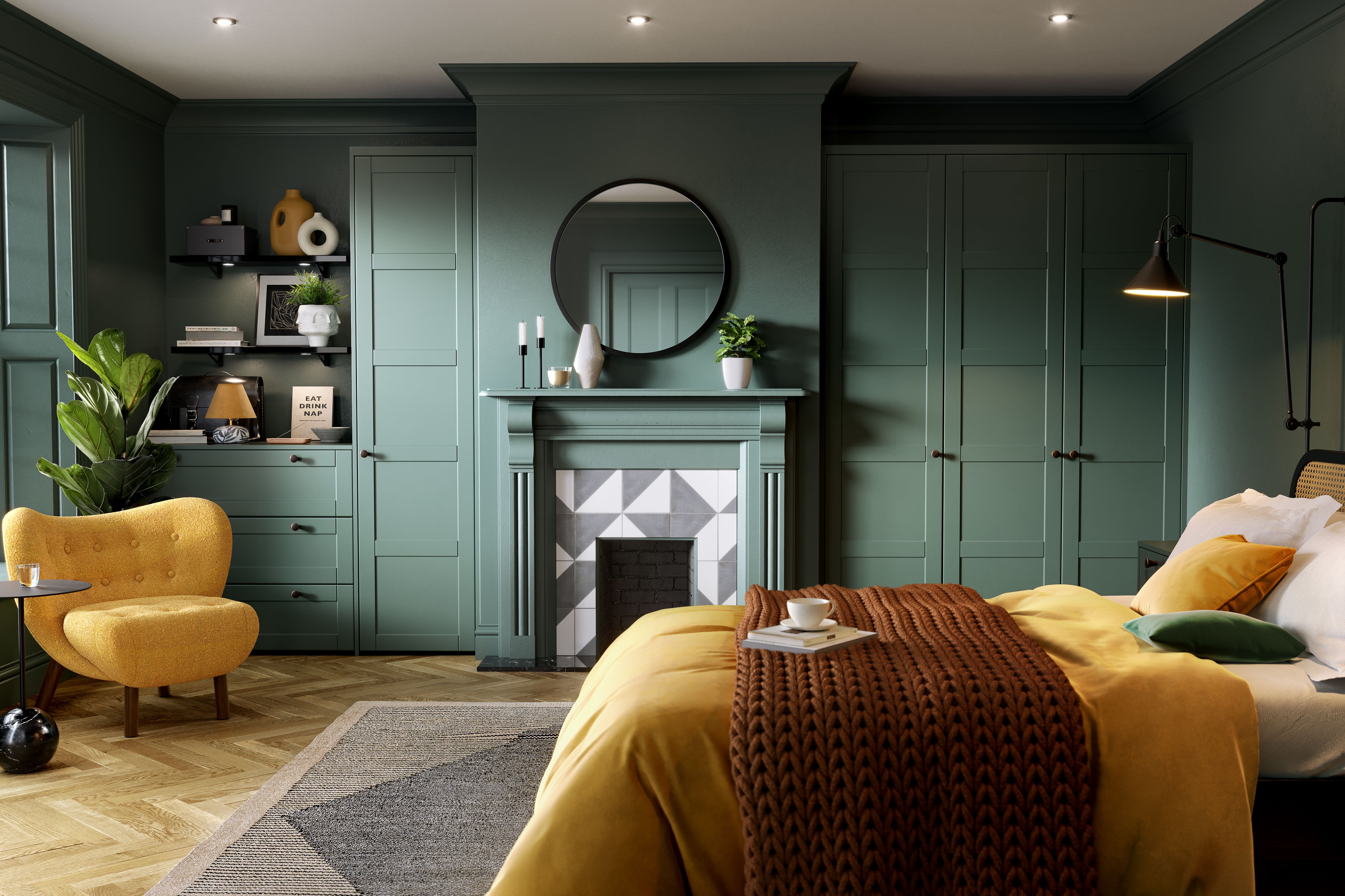 Classic forest green bedroom CGI