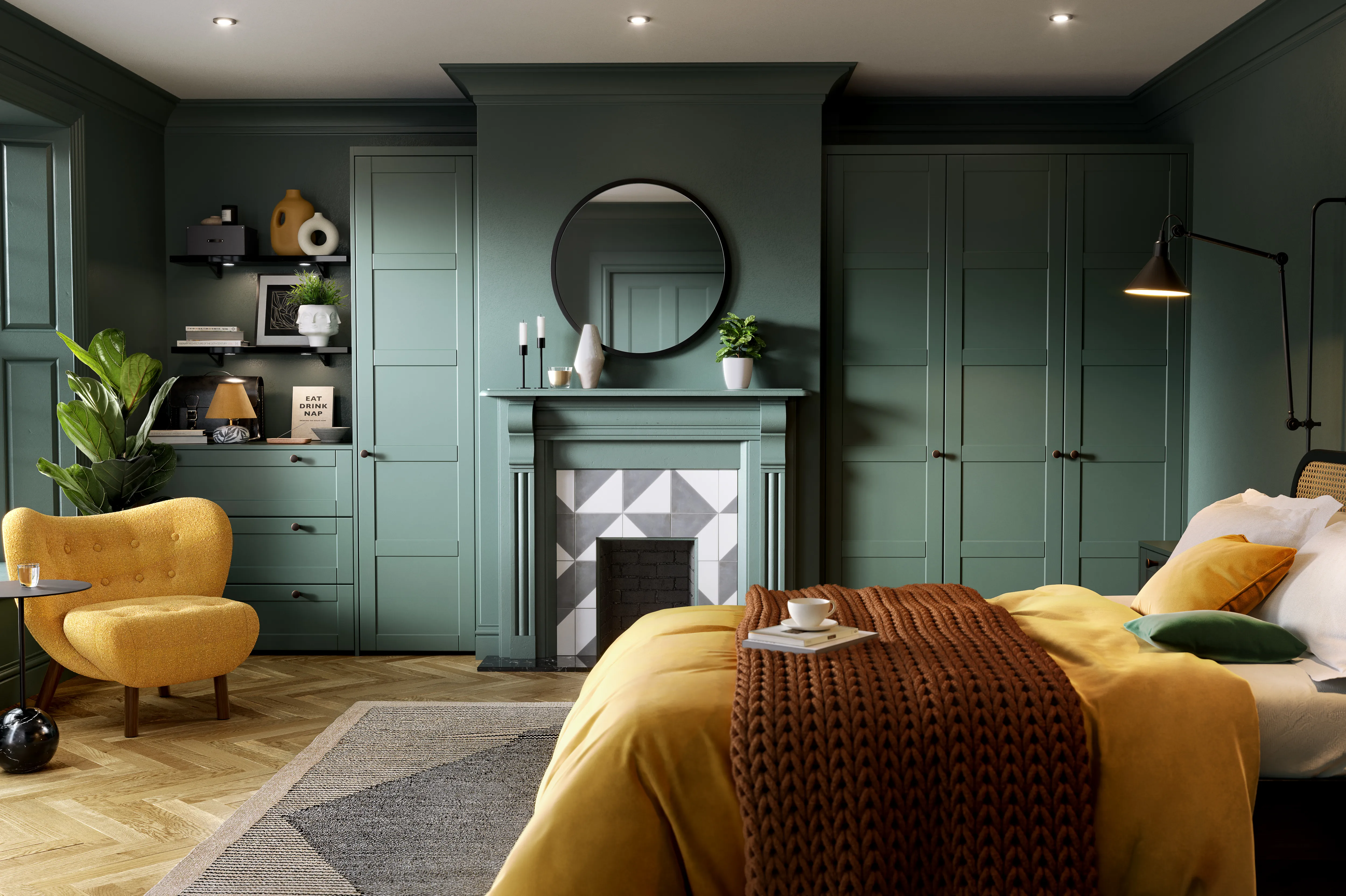 3D rendered bedroom interior with a Shaker 5 panel design in forest green.