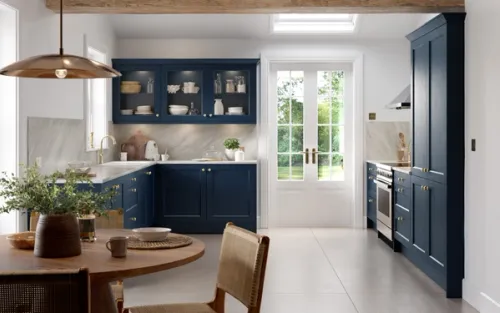 CGI render of a deep indigo traditional kitchen cabinetry with a contrasting bright airy interior.