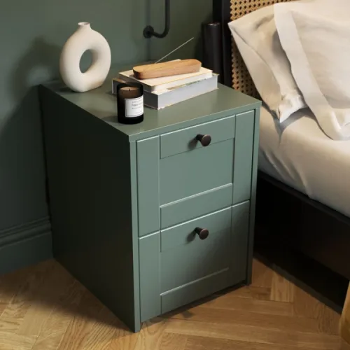 CGI render of a Shaker 5 panel, forest green bedside table with two drawers.