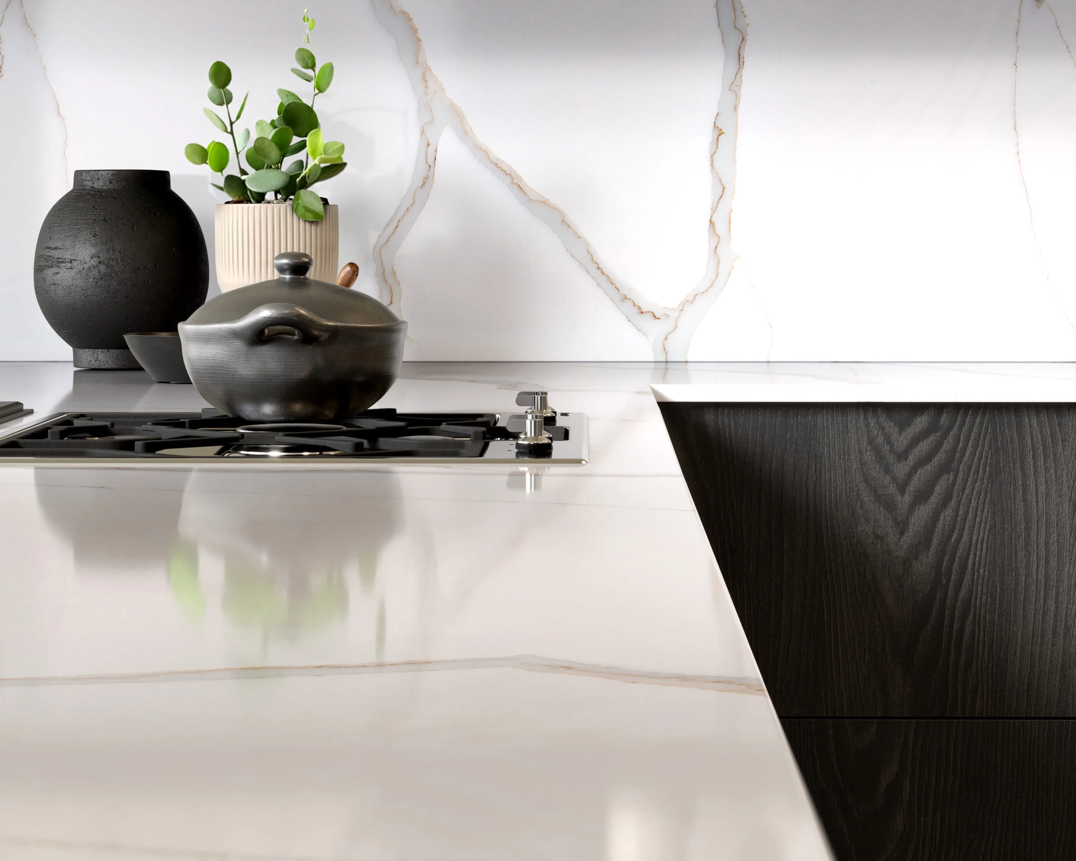 White Calcatta worksurface with grey marble veins