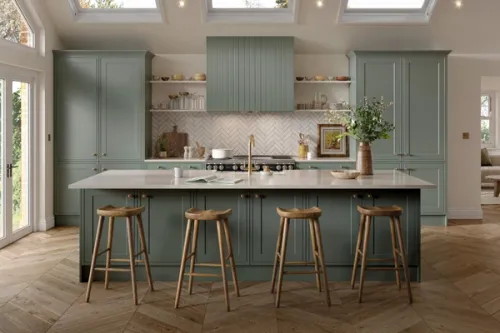 A stunning contemporary sage green kitchen which showcases a well-loved colour palette, harmonising beautifully with the organic natural oaks and brass fittings.