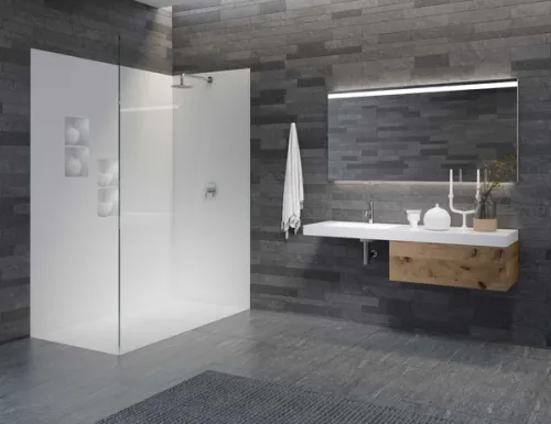 Modern grey tiled bathroom CGI with white and glass shower enclosure
