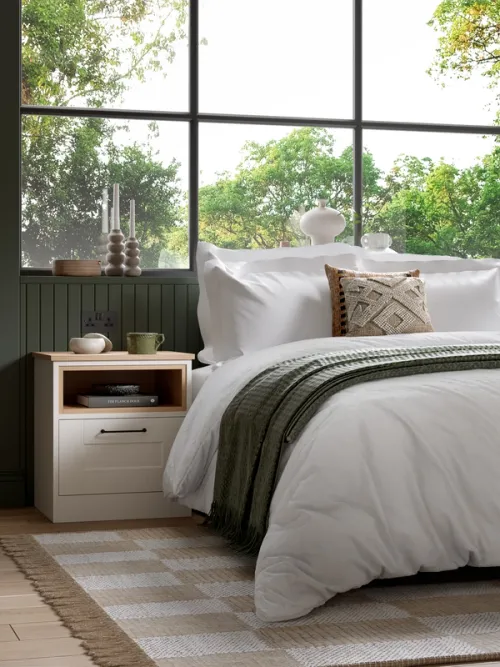 Forest green and porcelain CGI bedroom scene