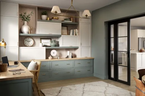 Shaker style home office with sage and cream cabinetry CGI