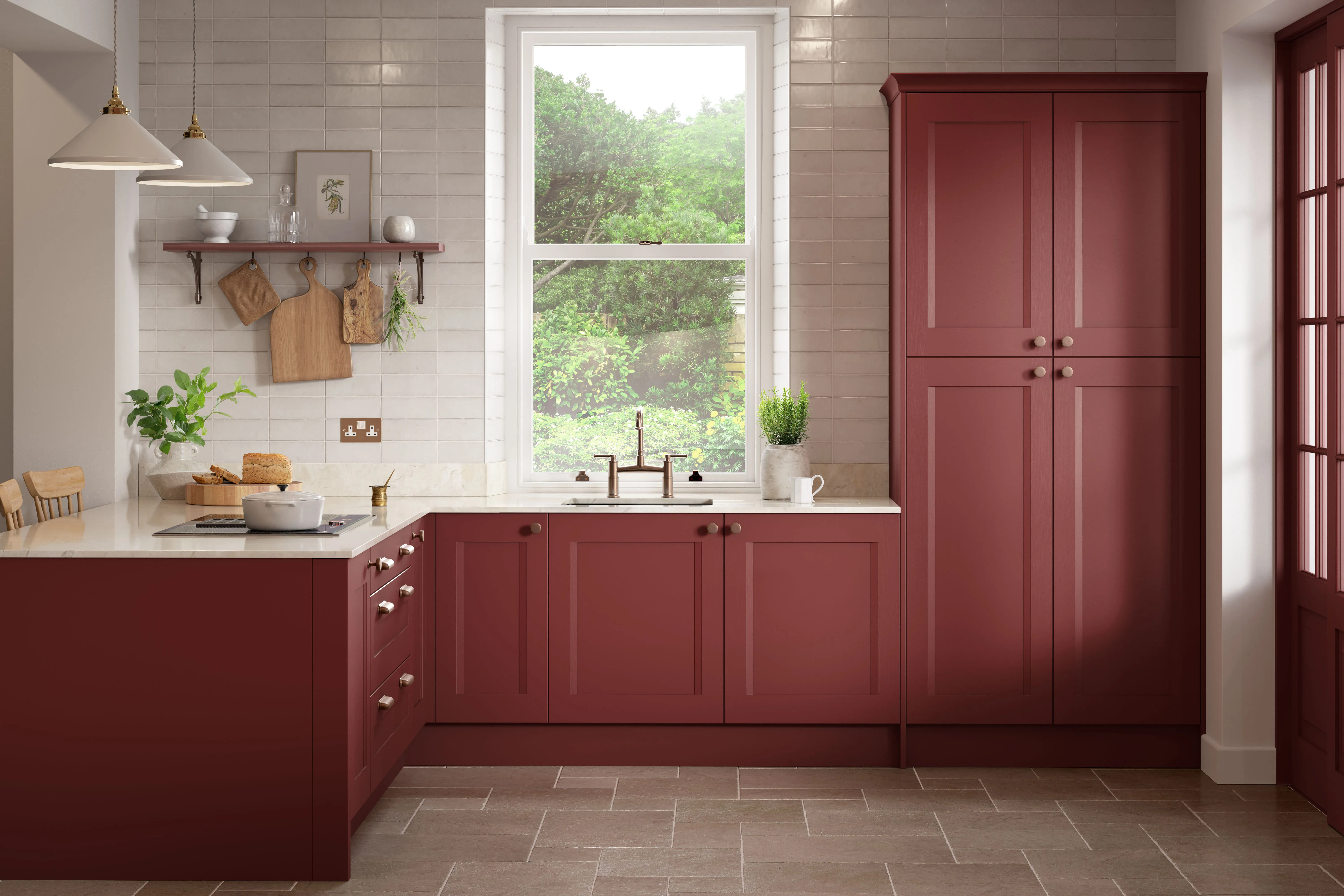 Sumptuous Eating Room Red kitchen space with timeless Shaker-style aesthetics