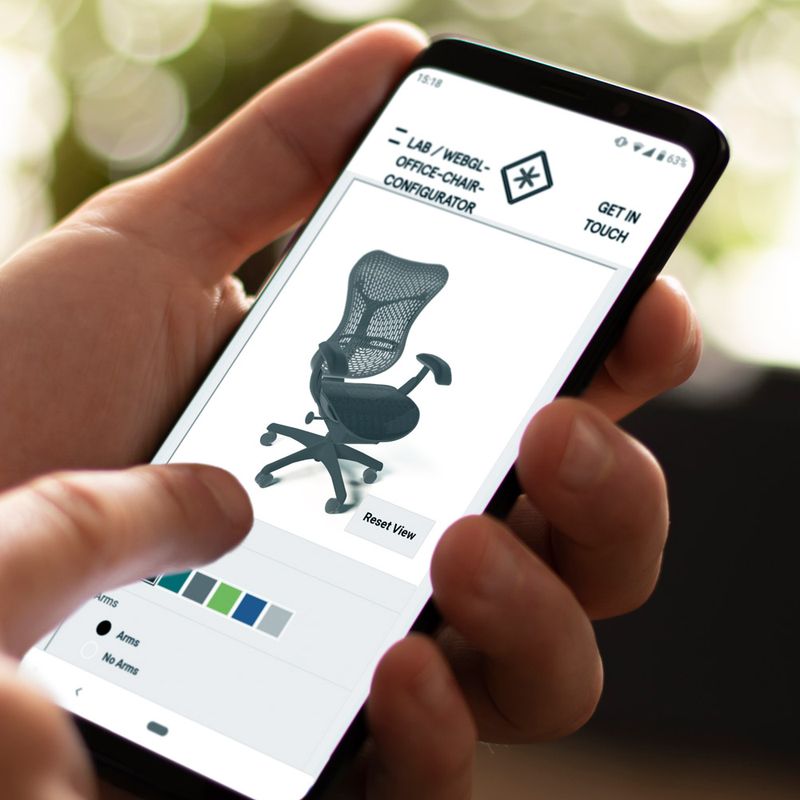 WebGL office chair configurator on a mobile phone screen