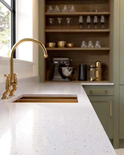 Copper stipple kitchen worksurface CGI with traditional brass tap and sink