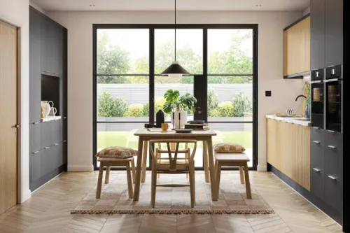 CGI Japandi styled kitchen with contrasting oak ribbed doors and matt black slab doors