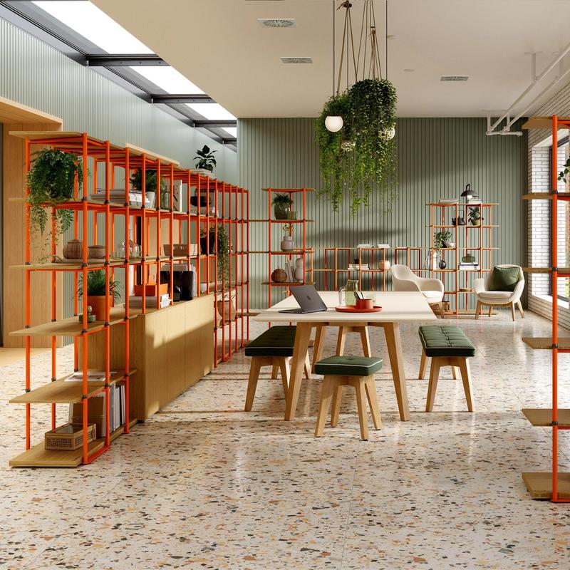CGI open planned office interior with orange Bamboo modular shelving system 