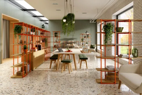 CGI open planned office interior with orange Bamboo modular shelving system