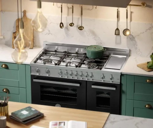 CGI render of a range cooker in a Shaker forest green kitchen - Winner of the Ideal Home Kitchen of the Year 2021
