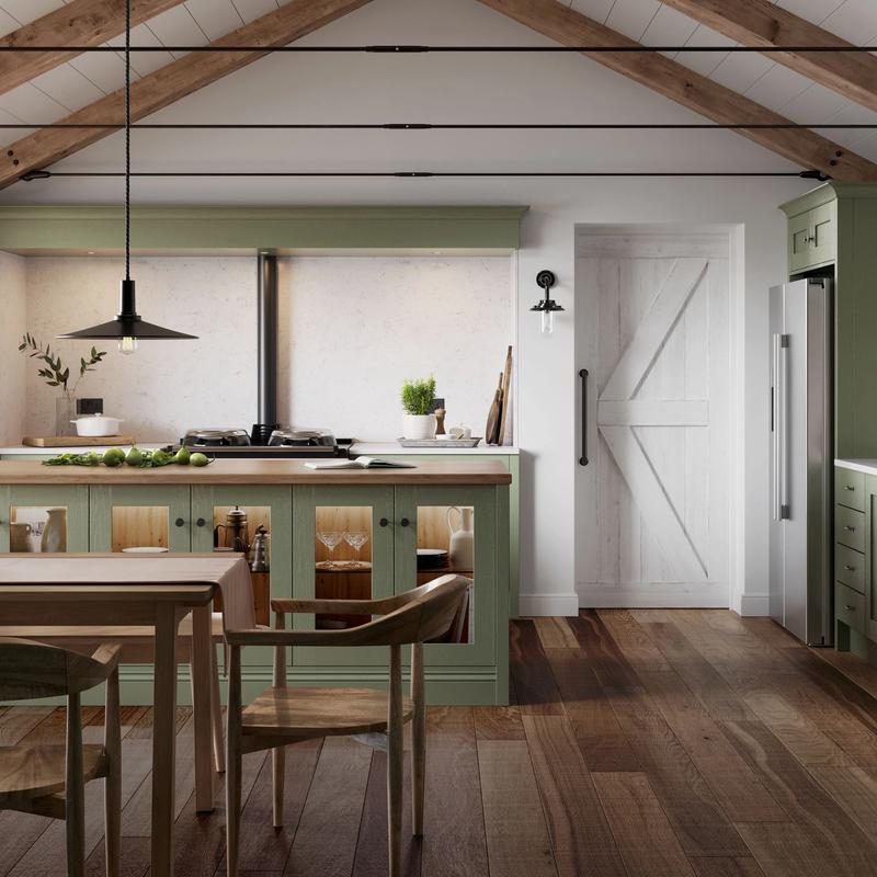 Country kitchen with green Shaker cabinetry and oak accents, 3D render by Pikcells