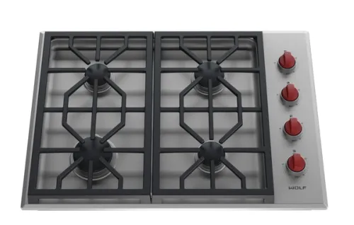 3D silo render of a modern stainless steel gas hob with red control knobs