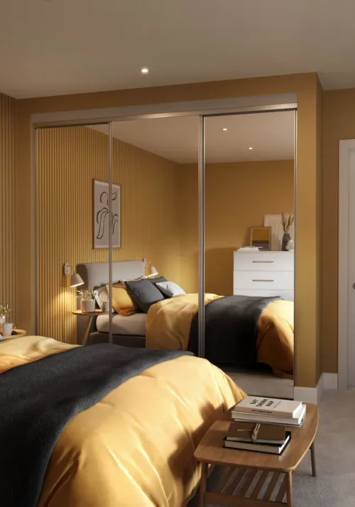 Yellow bedroom CGI bespoke room set interior design