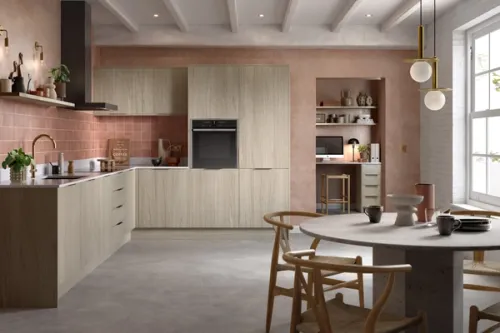 CGI render of an urban Oak Slab Kitchen with terrcotta tiles and bare plastered walls