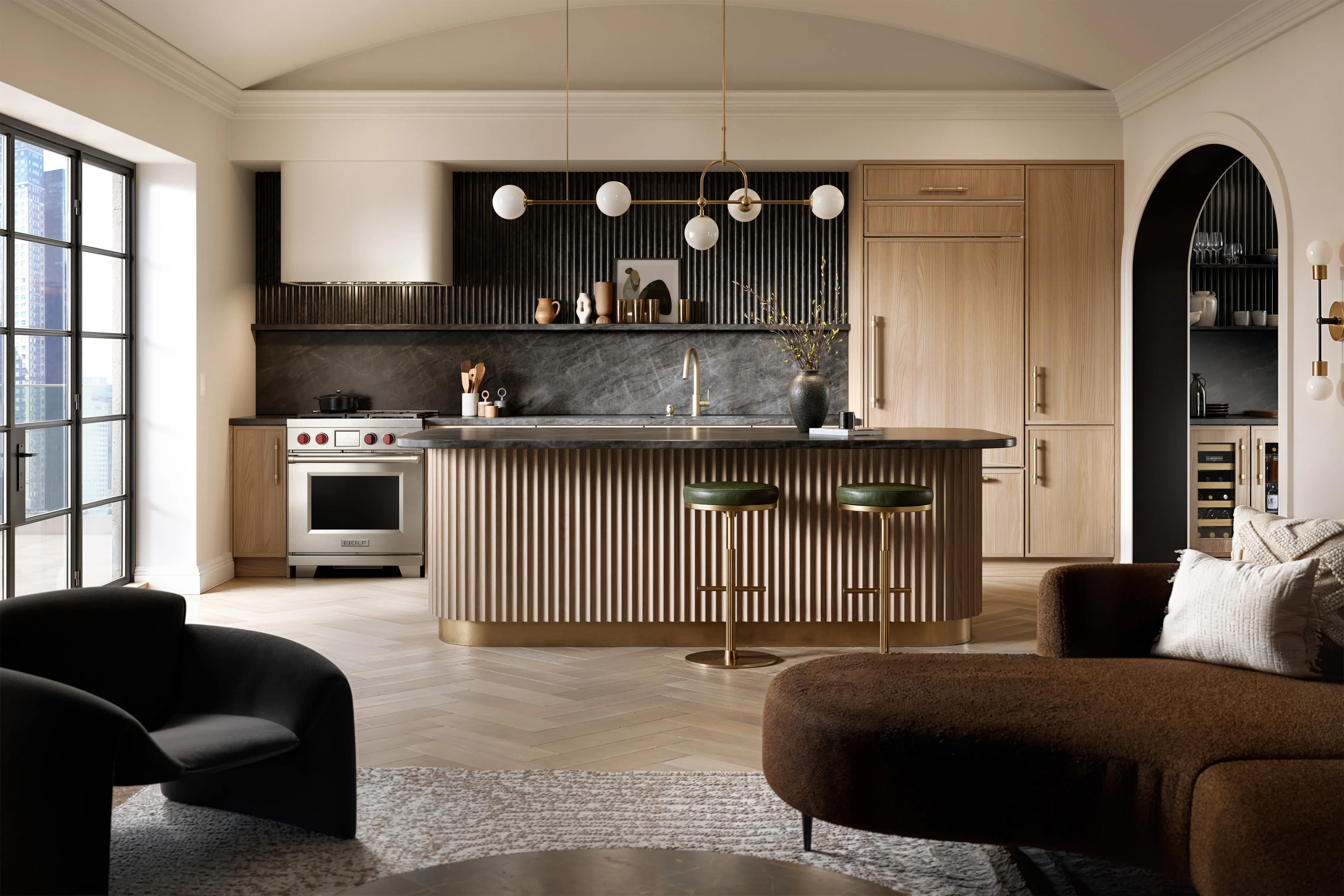 CGI render of a modern apartment with fluted feature breakfast bar and stainless steel range cooker