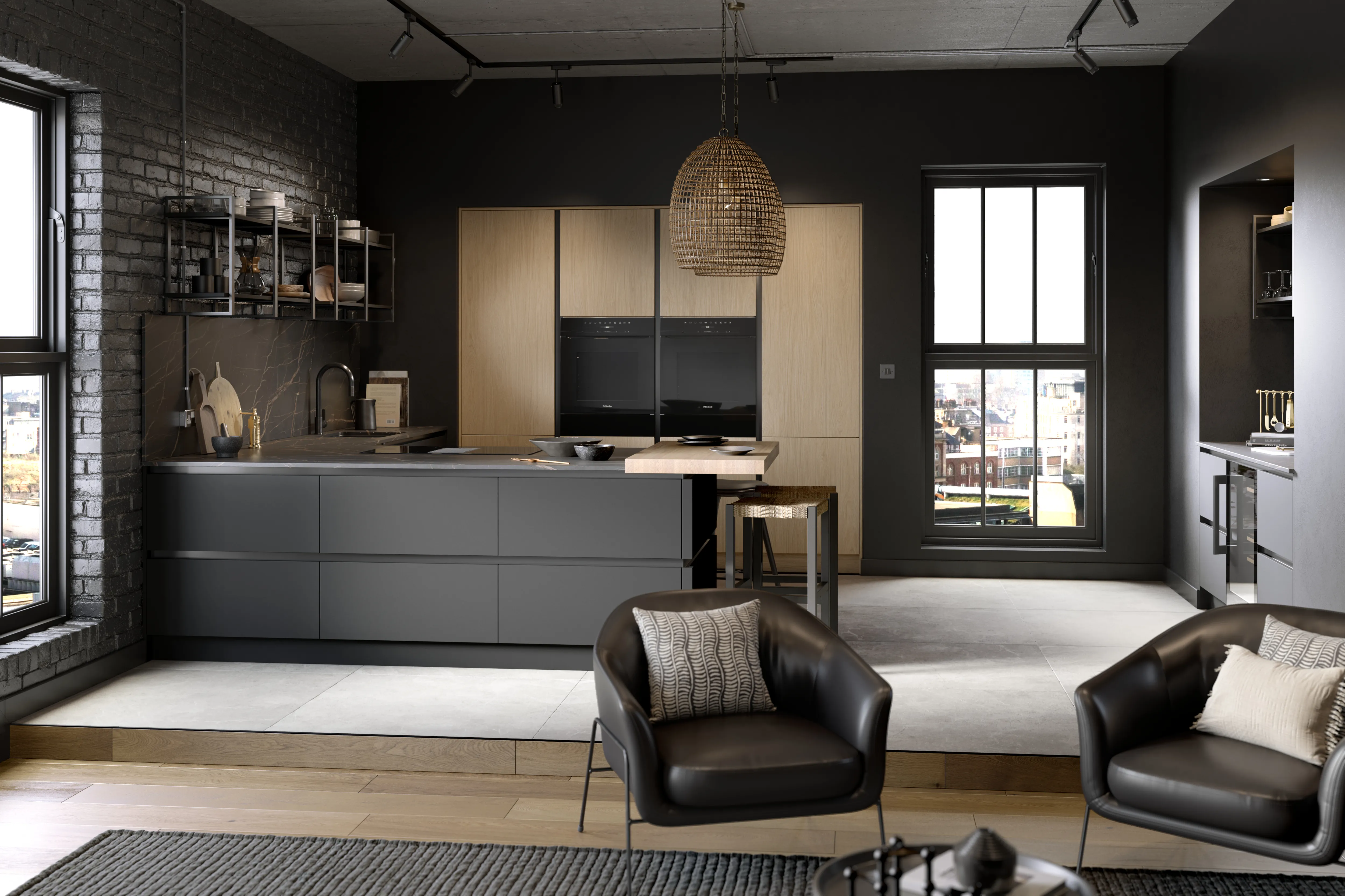 A modern masculine black themed kitchen with dark anthracite and contrasting warm oak cabinetry