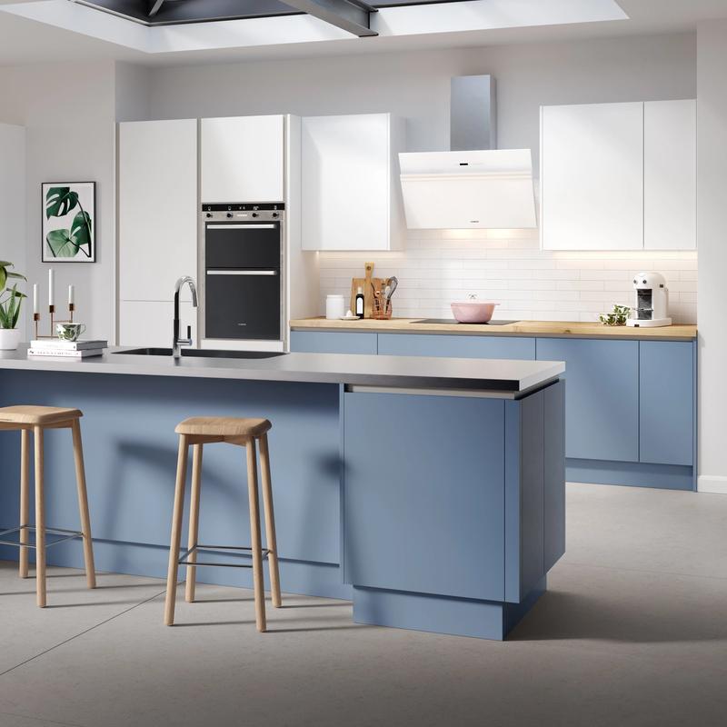 Pastel blue and white island kitchen 3D render