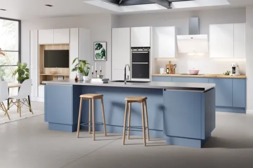 Pastel blue and white island kitchen 3D render