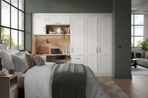 CGI image of contemporary Shaker Kensington built-in bedroom cabinetry in a compact bedroom space