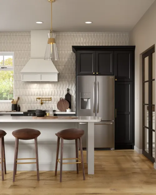 3D rendered USA kitchen space with a large island breakfast bar, featuring maple black and contrasting white cabinetry