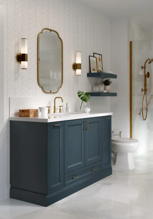 CG image of a blue traditional bathroom vanity cabinet with gold fitting and a white countertop