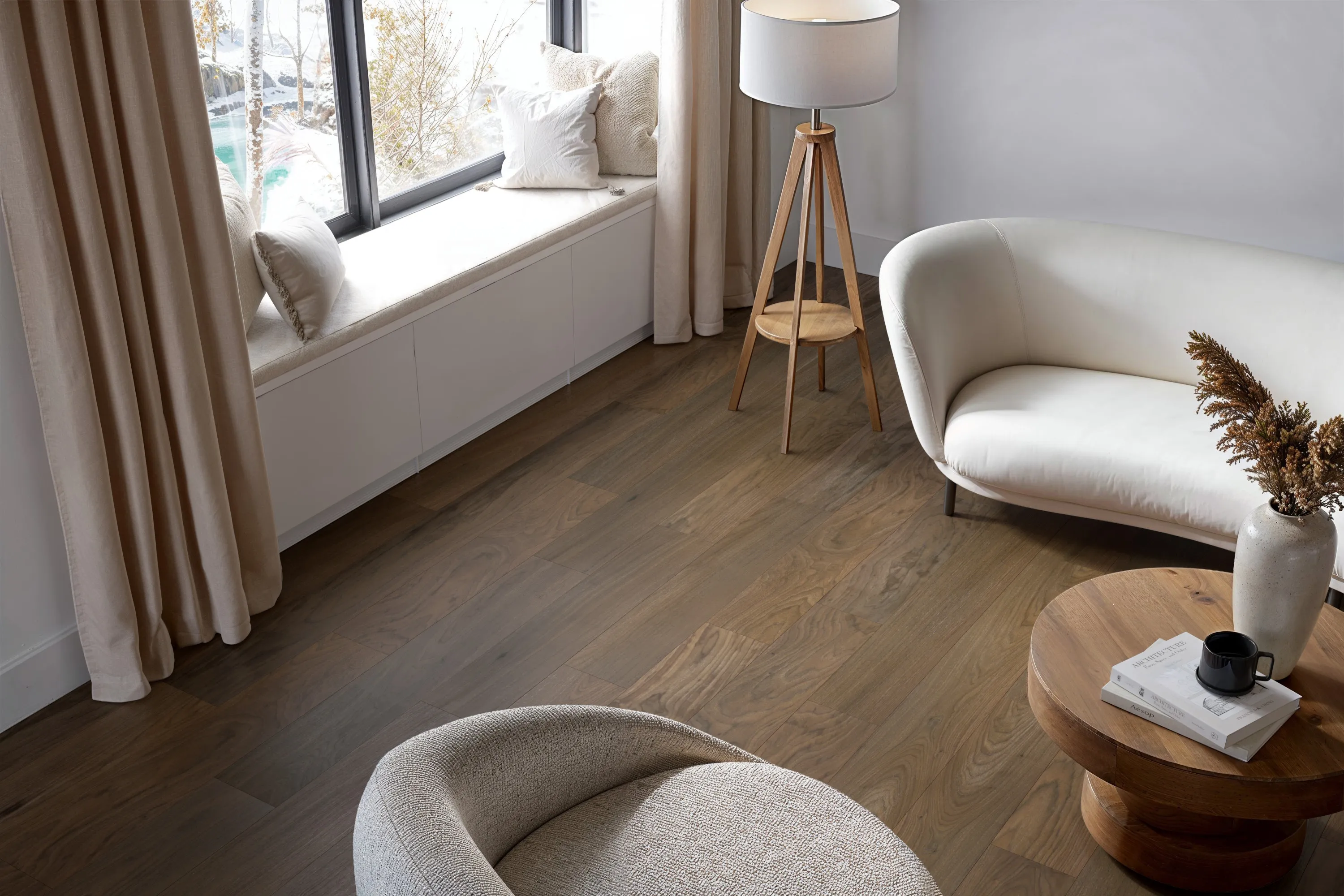 CG image of a dark oak flooring in a soft modern interior with an earthy palette.