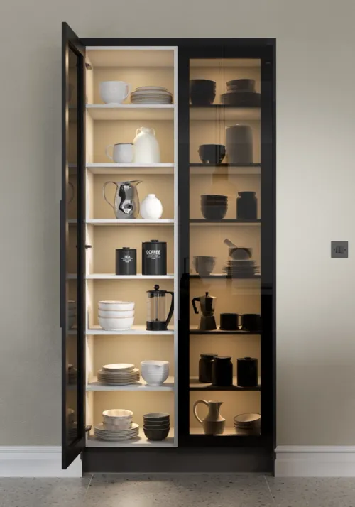 CG image of a smoked glazed integrated kitchen storage cabinet
