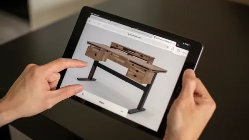 Wyrmwood interactive desk configurator displayed on an iPad