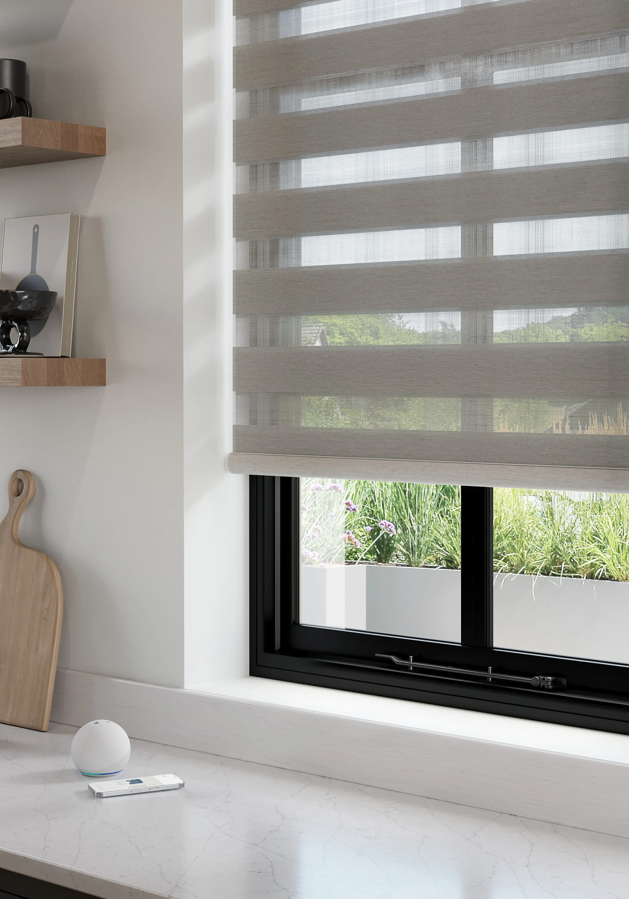 CGI lifestyle image of dual shade window blinds covering a black window frame.