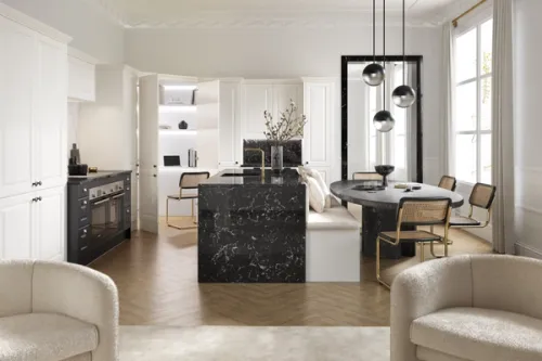 Opulent white and black granite kitchen interior with gold accessories, CGI render by Pikcells