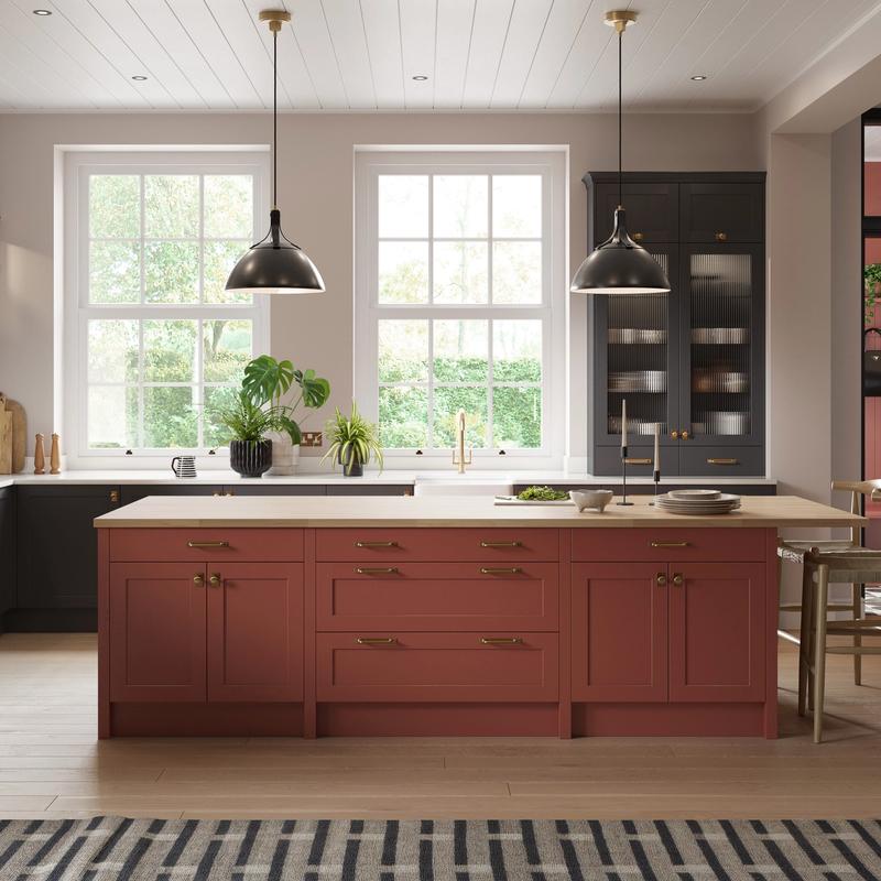 Bamboozle red and off-black Shaker style kitchen CGI