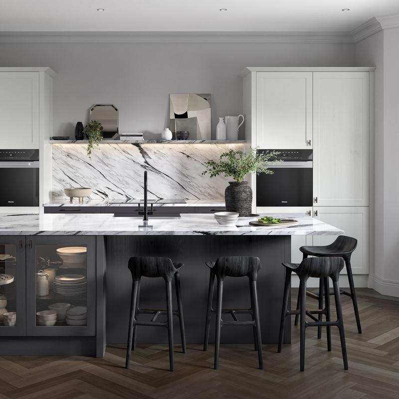 3D render of a contemporary luxury kitchen interior with a chic, minimal colour palette