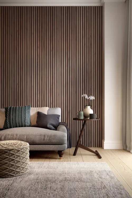 CGI featuring walnut timber wall panels alongside neutral contemporary furnishings